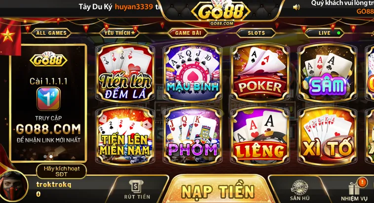 Sảnh game bài đa dạng thể loại hình thức tại go88.